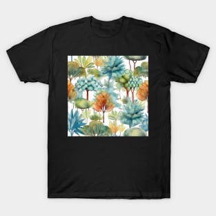 Pastel Oasis: A Serene Seamless Pattern of Trees and Plants in Soft Hues T-Shirt